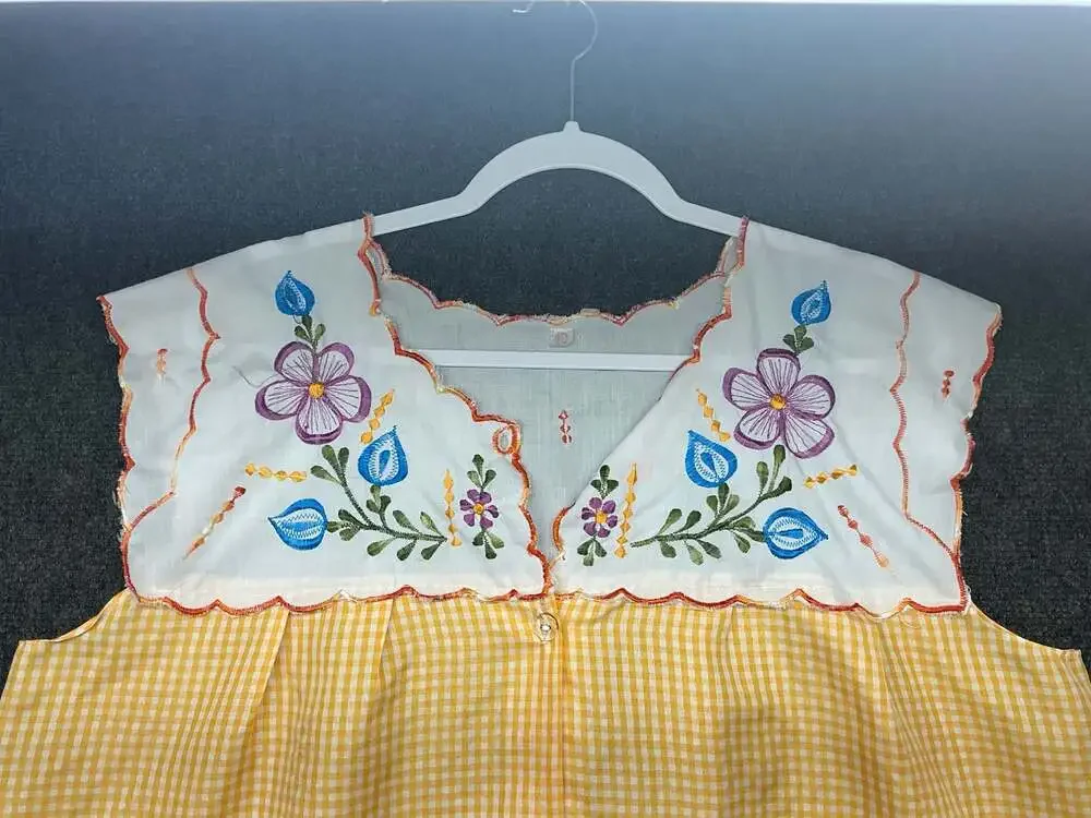 Vintage Traditional Embroidered Yellow Gingham Front-Fastening Apron Mandil